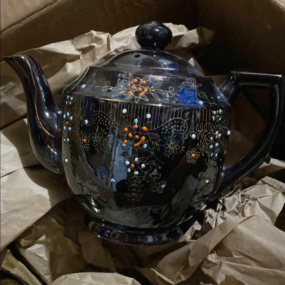 Vintage EUC Japanese Dark Brown Ceramic Teapot With Moriage Floral paint design